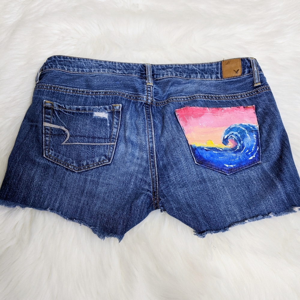 DIY HandPainted American Eagle Denim Jean Shorts 8